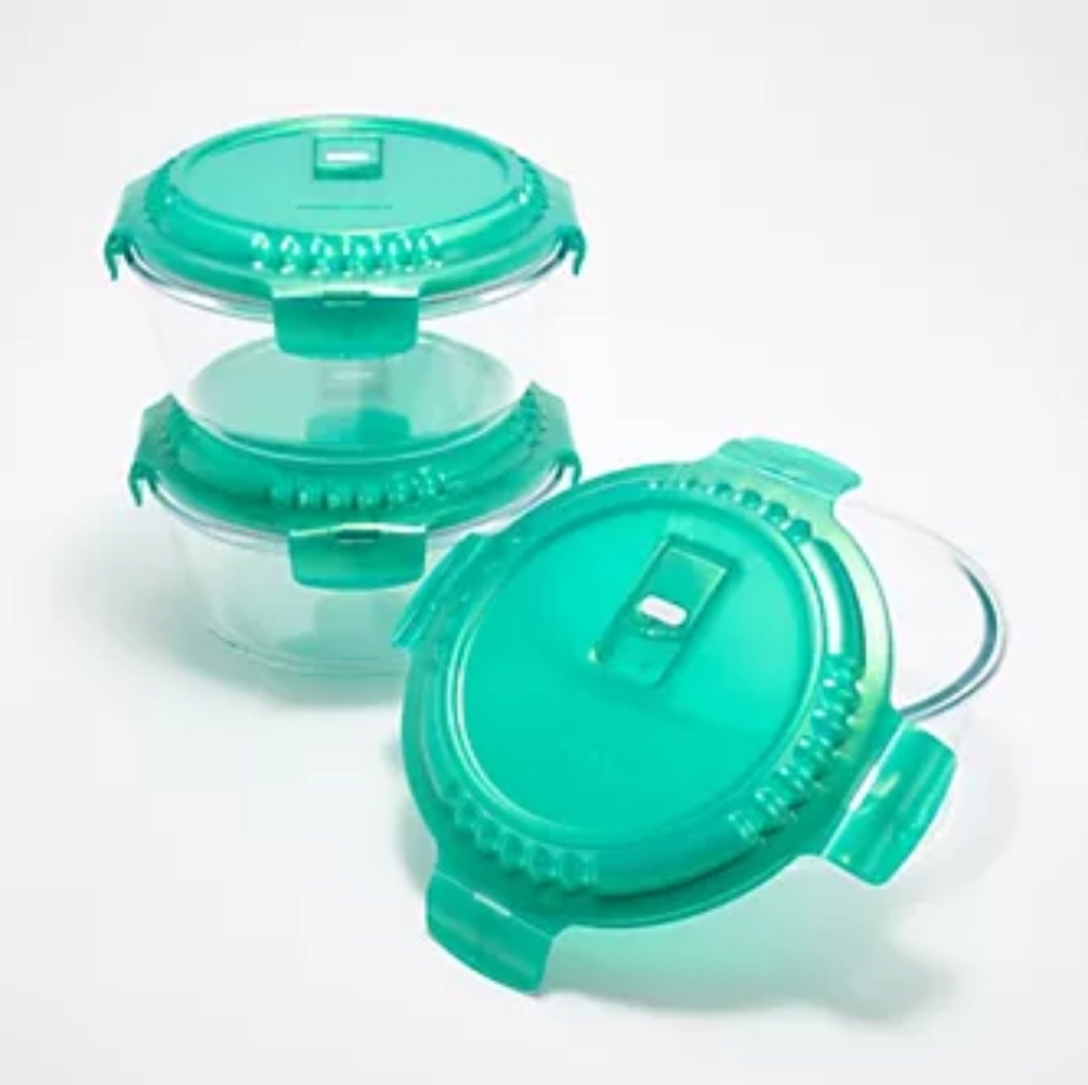Lock & Lock 3pc 4cup Vented Round Glass Storage Containers Red - Picture 3 of 7